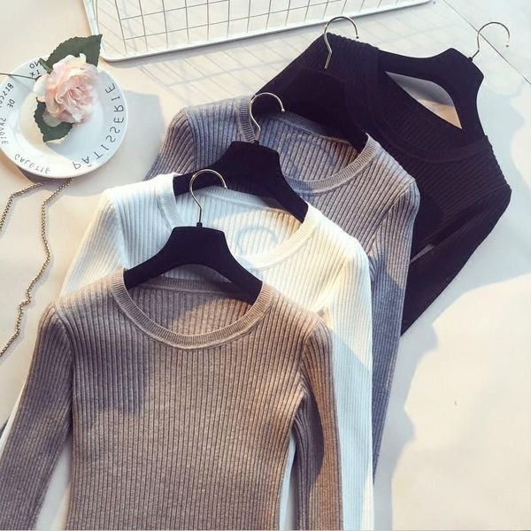 

women autumn winter sweater pullover basic rib knitted cotton regular solid o neck jumper long sleeve knit sweaters black white, White;black