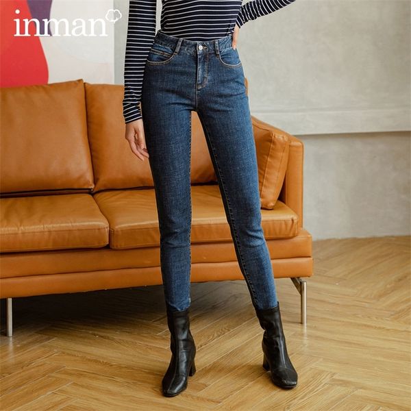 

inman 2020 autumn new arrival lady girl retro style mid waist fit washed ankle length women pant jeans lj201030, Blue