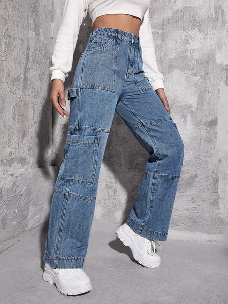 

high waist pocket side wide leg jeans 254e#, Blue
