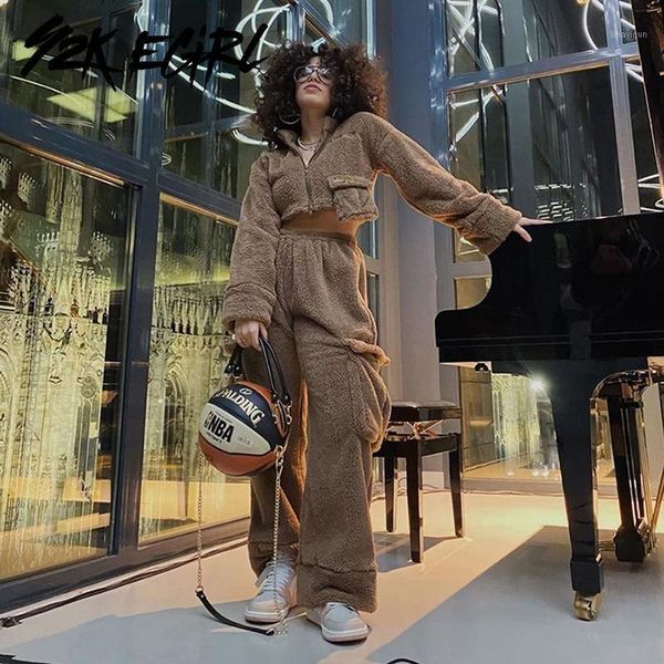 

y2k egirl winter shaggy high waist brown pants with pockets vintage 90s straight fleece trousers casual straight sweatpant women1, Black;white