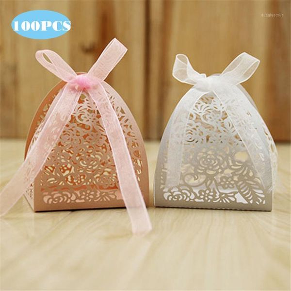 

gift wrap 100pcs rose carved hollow wedding candy box party creative carriage favors gifts boxes with ribbon1