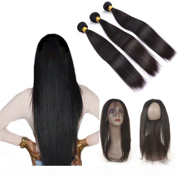 

straight hair weaves indian virgin hair 360 lace frontal with human hair bundles weave grade 8a 3 bundles with 360 lace frontal, Black;brown