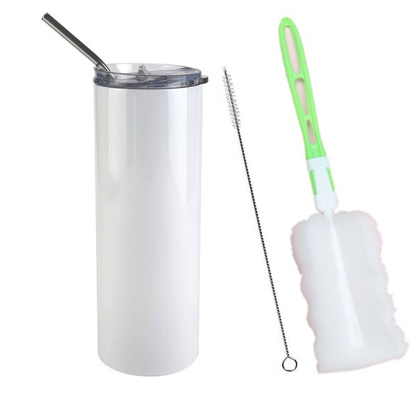 

20oz blanks sublimation straight skinny tumbler stainless steel vacuum thermal insulation cup coffee tumblers mug with lid straw and brush