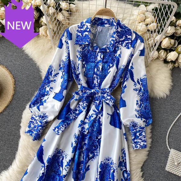 

turn-down collar puff sleeve a-line dress holiday beach vintage long robe women bohemian print maxi dress autumn korean, Black;gray