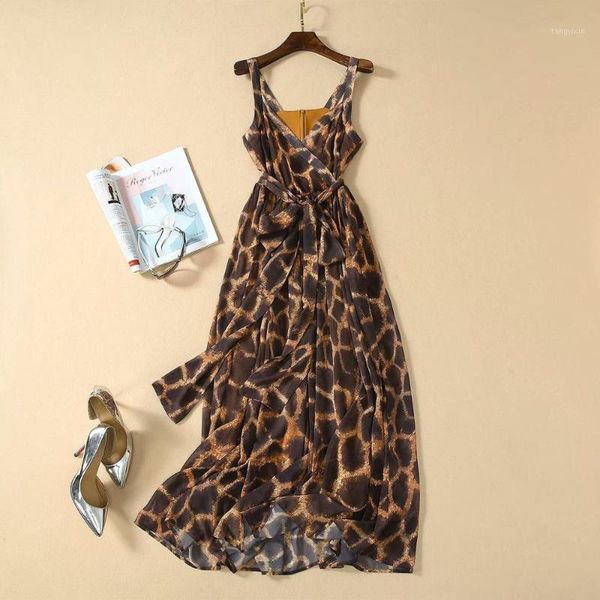 

2020 new summer fashion holiday beach strap chiffon long dress sleeveless classic design quality leopard print dresses1, Black;gray