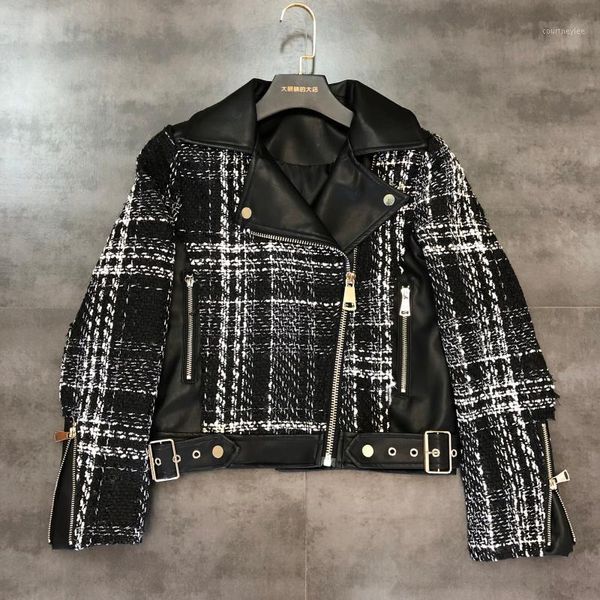 

2020 autumn thick line fangla chain design lapel locomotive style short jacket leather jacket1, Black;brown