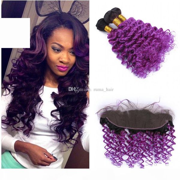 

malaysian virgin human hair bundles with lace closure 2 tone 1b purple lace frontal closure with bundles unprocess human virgin hair, Black;brown