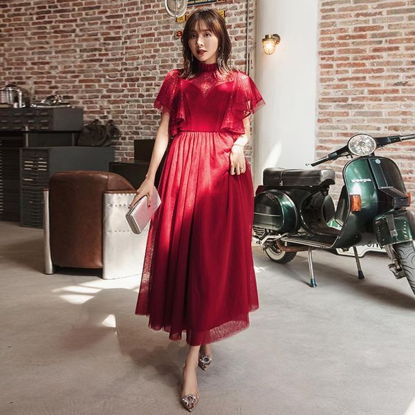 

yigelila new deep wine dress batwing sleeve with lace elegant dress solid empire ankle length wedding party 653241, Black;gray