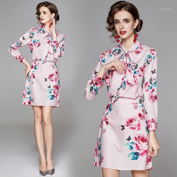 

summer runway 2 piece womens sets rose flowers butterfly print bow tie neck long sleeve shirt blouse mini skirt suits outfit1, White