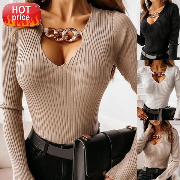 

blouse women hollow deep v neck metal chain blouse long sleeve ribbed knitwear woman fashion 2020 elegant #712z, White