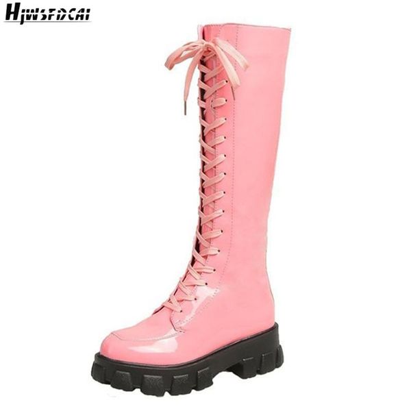 

hjwsfdcai patent leather lace-up platform wedges women high boots non-slip wear-resistant stretch slim lasdies motorcycle boots, Black