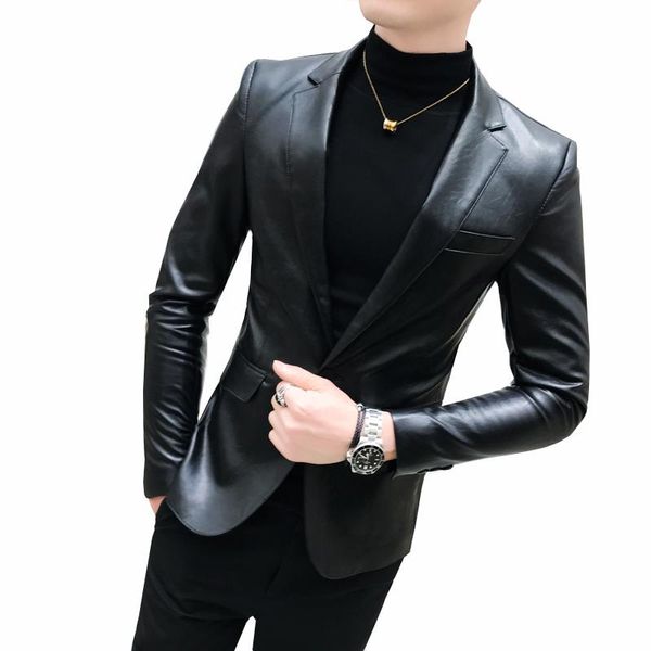 

men's fur & faux mens leather single button formal dress suits fashion man blazers black solid motorcycle coat suede jacket male a23613