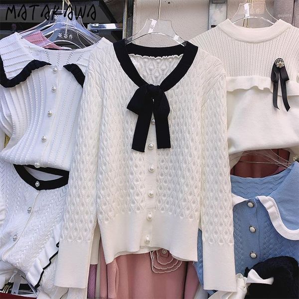 

matakawa sweet temperament bowknot woman sweaters color-blocking o-neck pullovers long-sleeved pearl button loose pull femme1, White;black