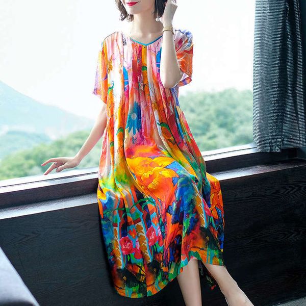 

women's bohemian new decor spring 2019 loose waist mulberry silk dress, Black;gray