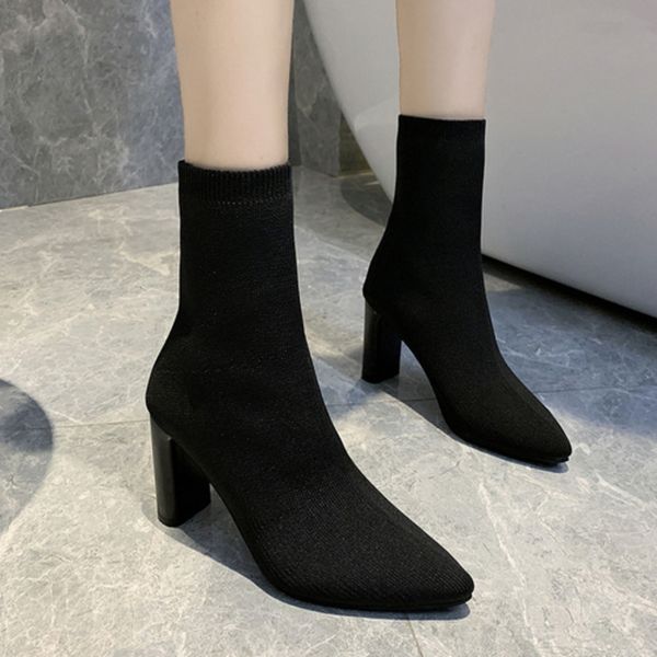 

simple fashion stretch socks boots women's high heels shoes knit socks boots skinny women pointed autumn and winter bare boots c0129, Black