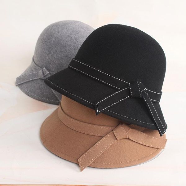 

новые 2020 женские женщины девушки винтаж шерсть войлок боуллер fedora trilby bowknot fedoras hat cap для женщины, Blue;gray