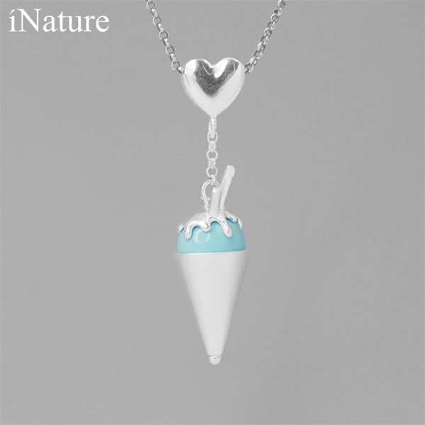 

inature 925 sterling silver blue pink turquoise ice cream pendant necklace women heart choker necklaces jewelry q0531