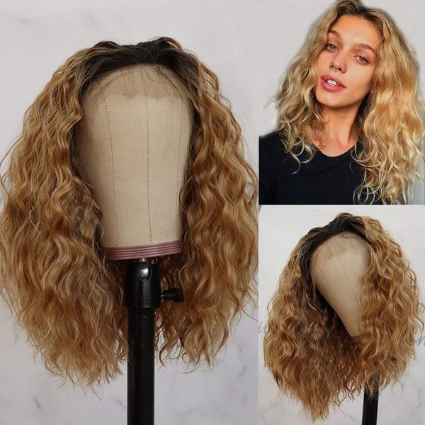 

13x6 ombre blonde 1bt27 human hair lace front wigs water wave brazilian remy natural hairline glueless wig with baby hair, Black;brown