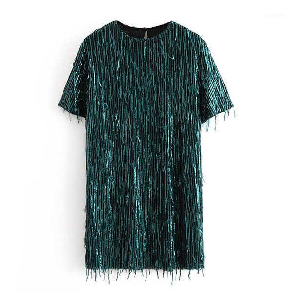 

zoepo o neck tassel dresses women fashion straight sequined lined dress women elegant short sleeve mini dresses female ladies kh1, Black;gray