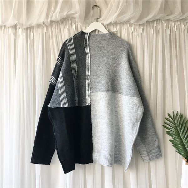 

ewq] 2020 autumn ladies all-match lazy wind thick knitted pullover loose large size outer wear stitching sweater women 16q356 c1121, White;black