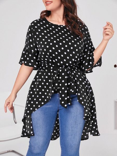 

plus bell sleeve high low hem belted polka dot p1dx#, Black