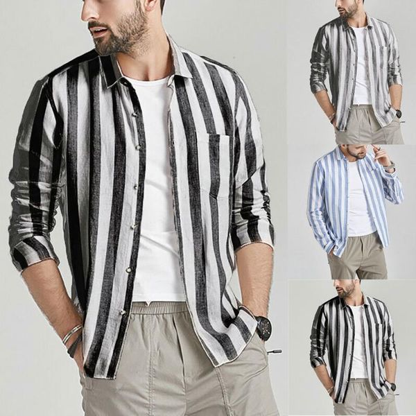

jaycosin men vintage striped shirt button linen solid long sleeve retro fashion new casual blouse shirt #45, White;black