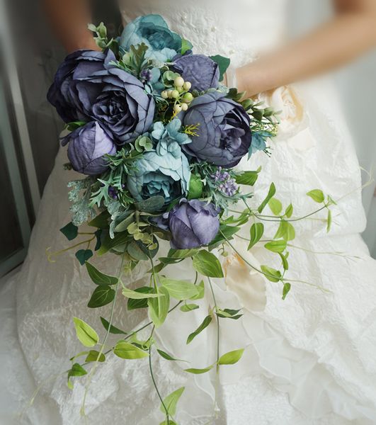 

wedding bouquet simulation bride holding flower blue purple peony wedding p waterfall drop shape wedding supplies bride holding bouquet