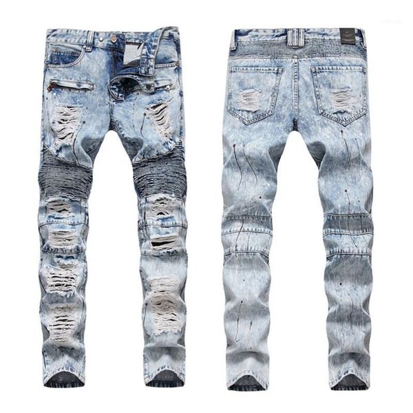 

european and american high street fashion man wear torn cloth beggar dress hand-painted color paint denim hole trousers man1, Blue