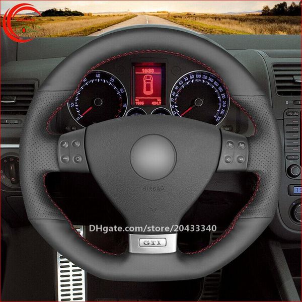 

hand-stitched black leather car steering wheel cover for vw golf 5 r32 scirocco