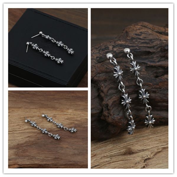 

new 925 sterling silver crosses tassel dangle earrings american european antique silver handmade designer gothic vintage luxury jewelry, Golden;silver