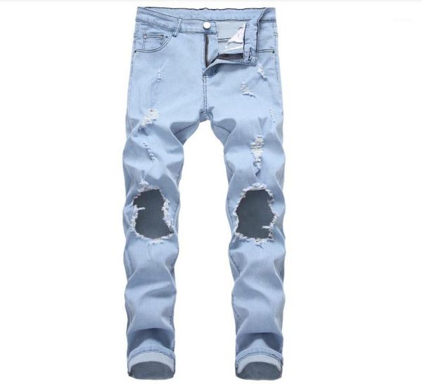

hip hop fashion knee big hole men's casual straight slim destroyed torn ripped denim man jeans light blue1, Blue