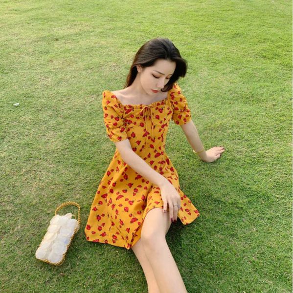 

style bali beach minority french court floral holiday yellow dress, Black;gray