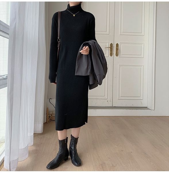 

2021 new dressed in women's turtleneck autumn/winter new slit long inner straight colour pure mesh high waist dress 1m t2ld, Black;gray