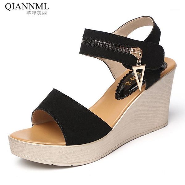 

zip buckle platform sandals women shoes summer 2021 high heels sandals ladies wedges office beach1, Black