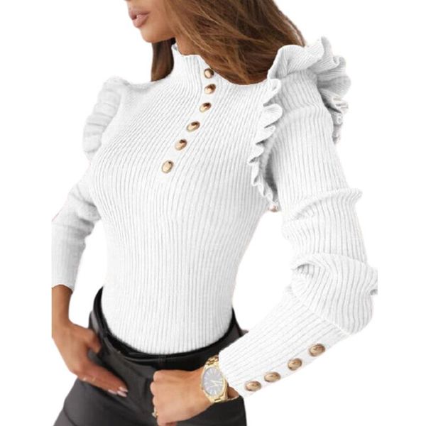 

vicabo women sweaters long sleeve ruffled high neck slim fit knitted pierced button winter casual pullover knitwear, White;black