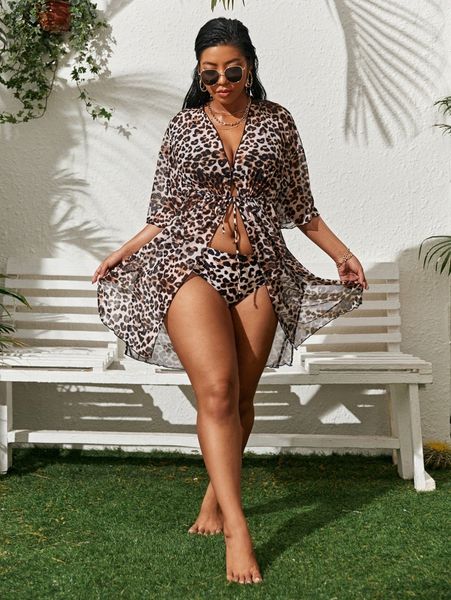 

3pack plus leopard bikini swimsuit & tie front kimono c8ol#, Black