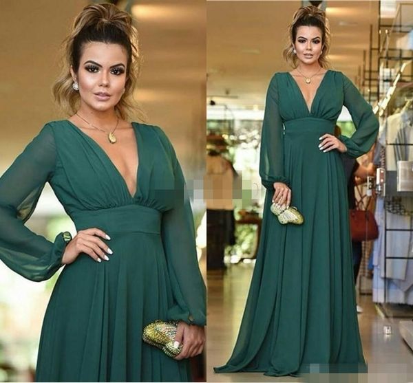 

2021 green long sleeves evening dresses plunging v neck chiffon floor length ruched custom made prom party gown formal occasion wear vestido, Black;red