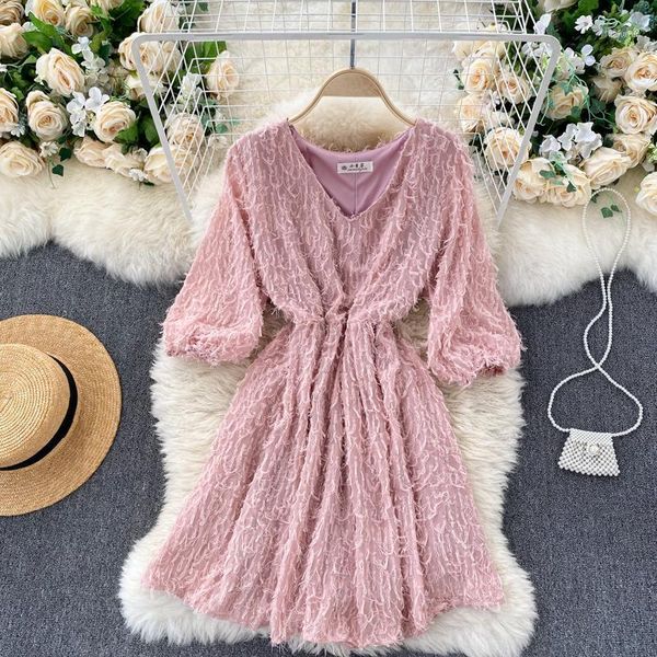 

2020 new autumn winter furry fringed dress temperament puff sleeve v-neck banquet small dress uk7021, White;black
