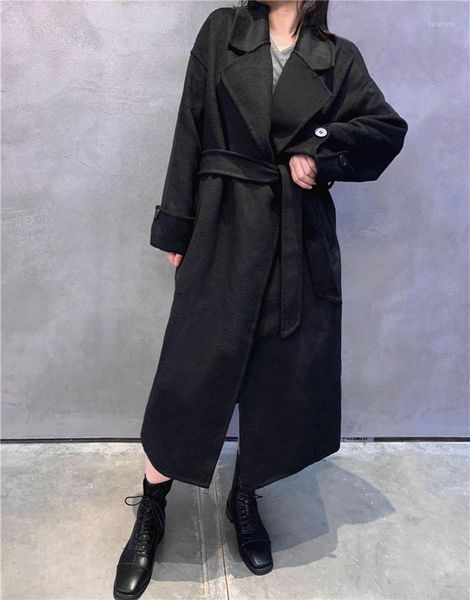 

high-end hand-stitched double-sided cashmere coat winter women's middle and long loose woolen fabric thickened coat1, Black