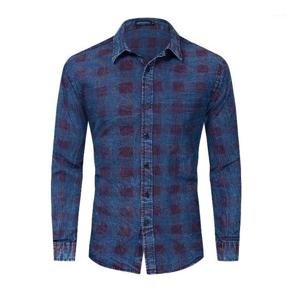 

vintage distressed patchwork plaid men's denim shirt 100% cotton brand casual long sleeve male social shirts work shirt1, White;black