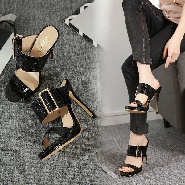 

european and american fashion snakeskin buckle with stiletto sandals women, Black