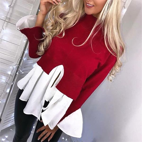 

women autumn casual blouse long sleeve patchwork irregular hem blouses stitching round neck shirts female vogue femme shirt, White