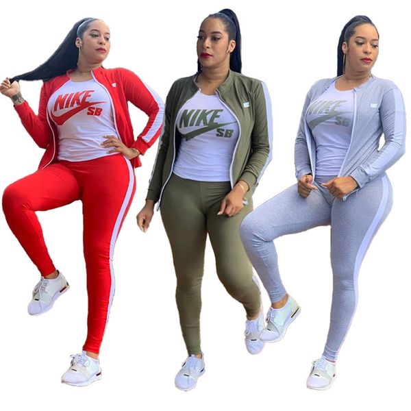 

plus size women fall winter clothing designer tracksuits brand sweatsuits long sleeve jacket+t-shirt+pants 3 pieces set casual outfits, Black;gray
