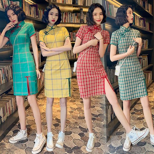 

ethnic clothing summer stripe vintage patterns cotton qipao girl dress, Red