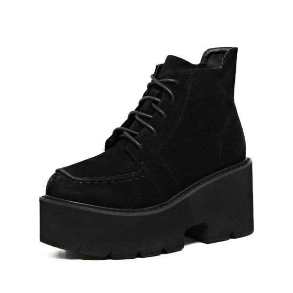 

furry boots woman lace autumn boots womens ladies chunky wedge platform black ankle punk goth womens casual lja847-1