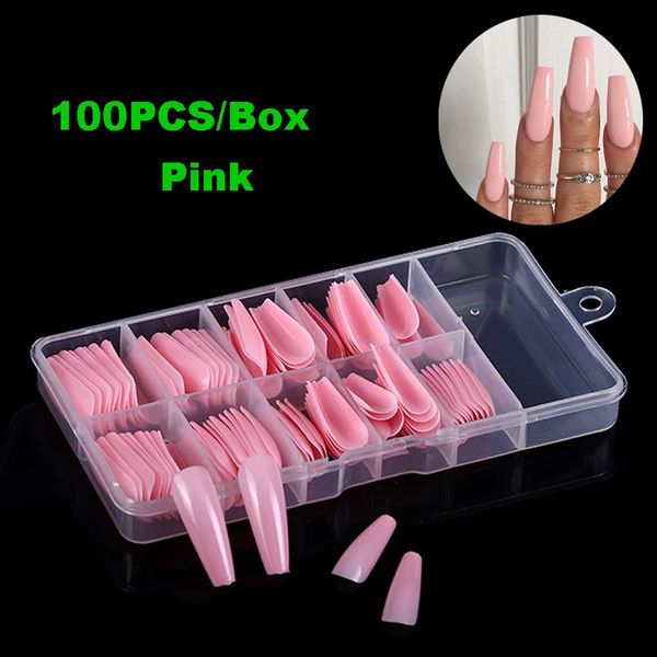 

100pcs candy pink ballerina false nail art tips coffin press on nails art tips flat shape full cover manicure fake nails, Red;gold