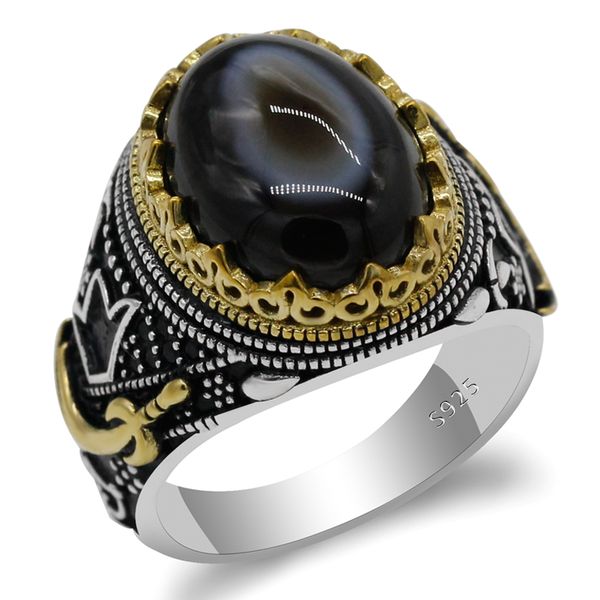

natural agate ring for men 925 sterling silver evil eyes gemstone sword rings men's islamic middle east religious jewelry gift, Golden;silver