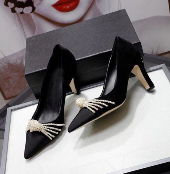 

[orignal box] new arrival womens high heels pearl pointed ladies chamois leather slingbacks sheepskin pumps shoes 35-42, Black