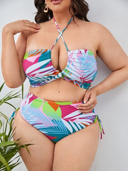 

plus plant print cross bikini swimsuit r9f9#, Black