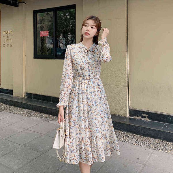 

woman casual dresses broken flower dresses female spring and autumn french tea break chiffon long sleeve waist closing temperament gentle a-, Black;gray